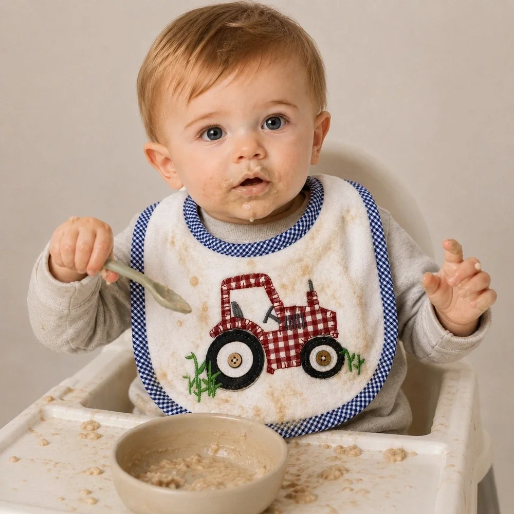 Mud Pie Baby Boy Red Gingham Tractor Bib Blue White Gingham Trim Minky Dot Back